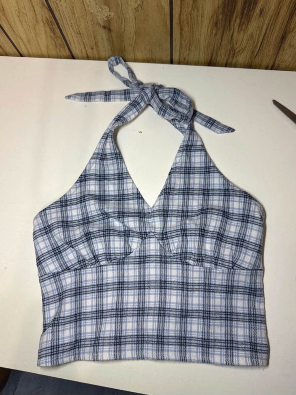 Hollister Plaid Halter Crop Top in Blue and White